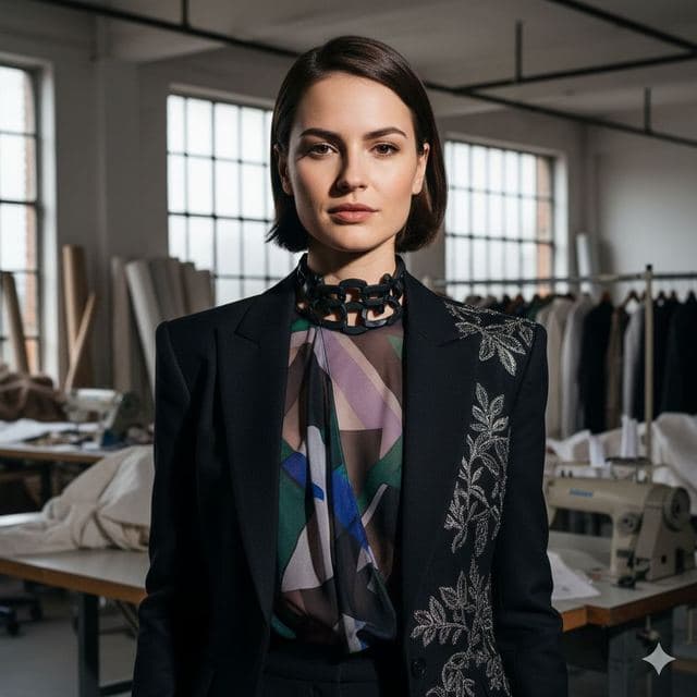 Woman in a black patterned top in a design studio with clothing racks