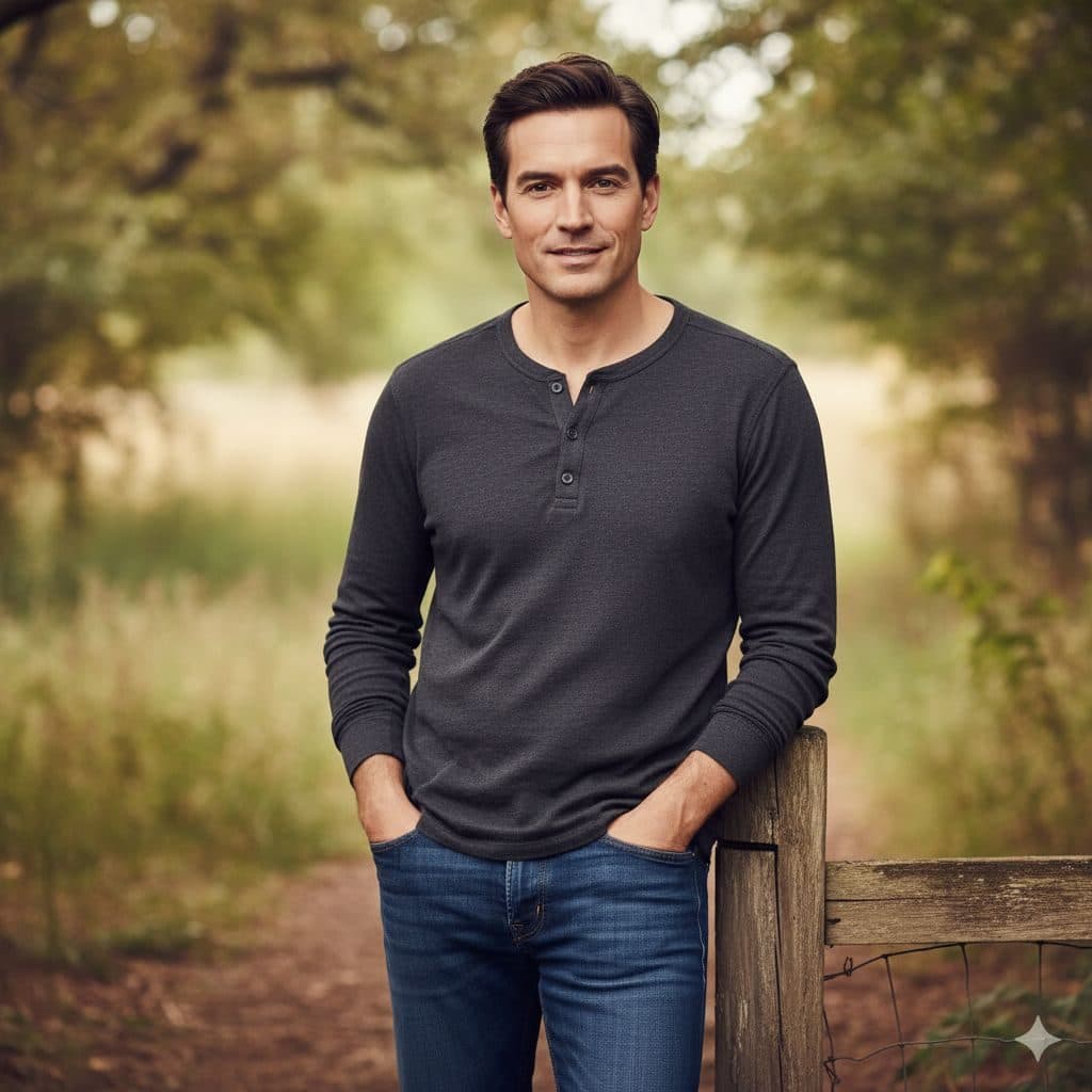 Man in a dark henley leaning on a wooden fence in a meadow