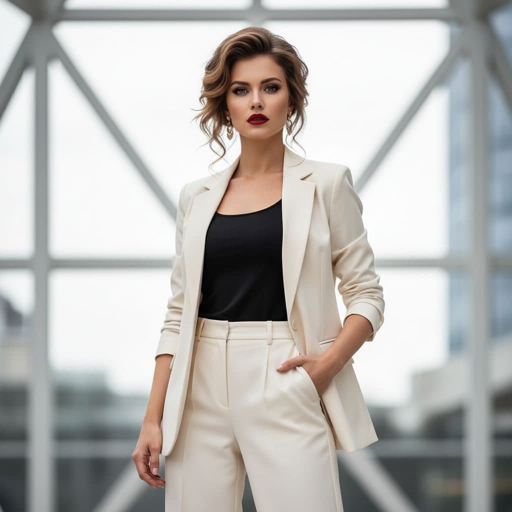 Woman in a cream suit with dark lipstick in a glass-walled atrium