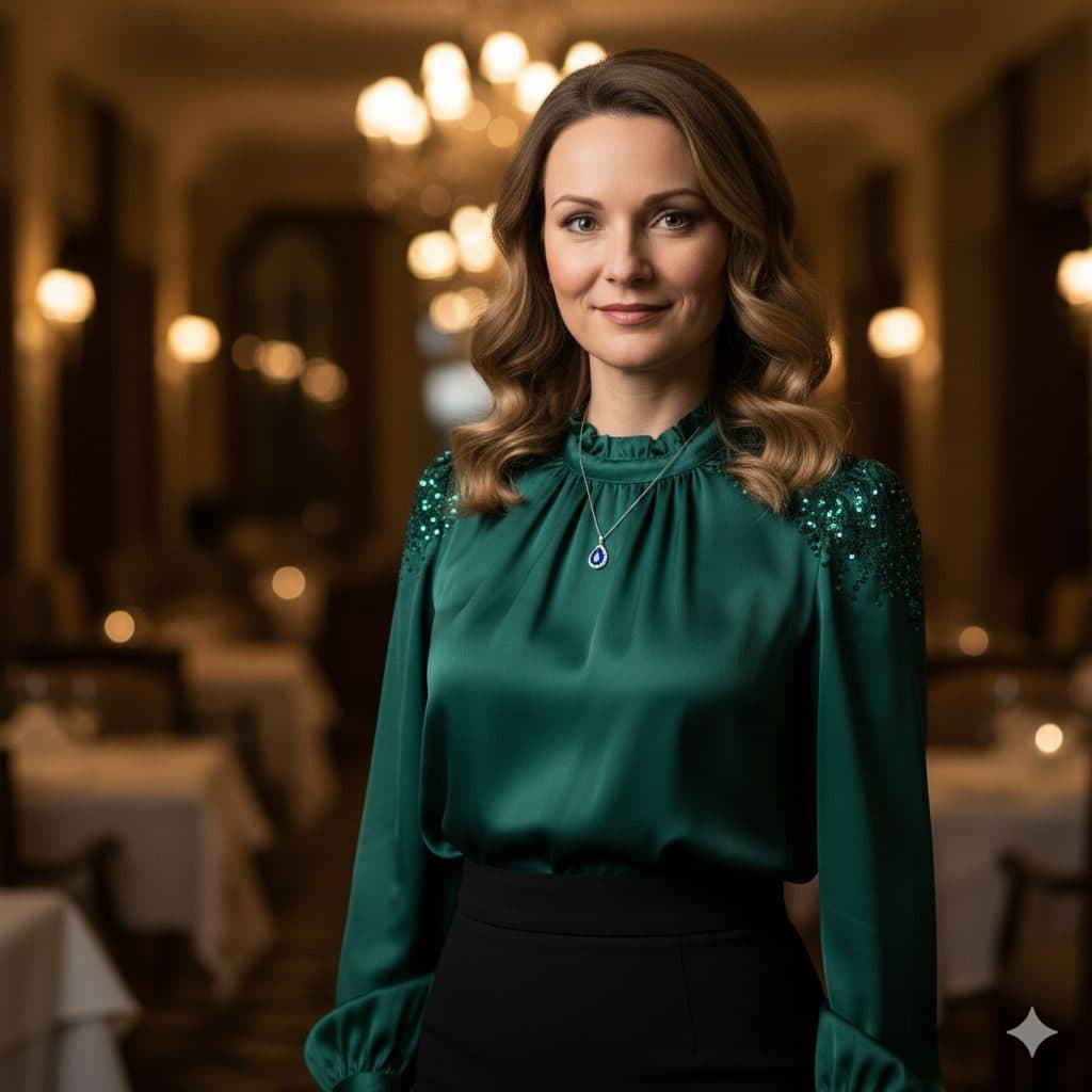 Woman in an emerald satin blouse in a candlelit restaurant