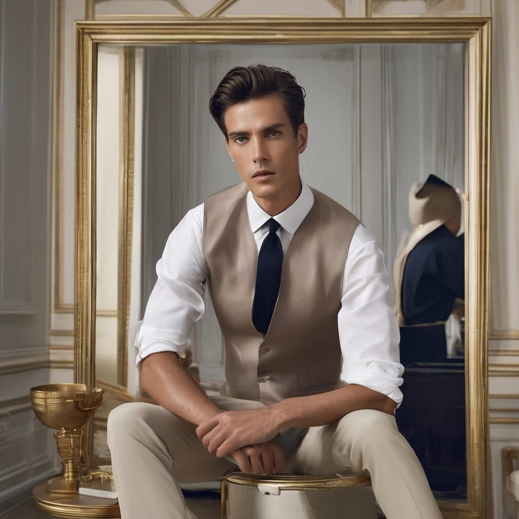 Man in a vest and tie seated in front of a gilded mirror