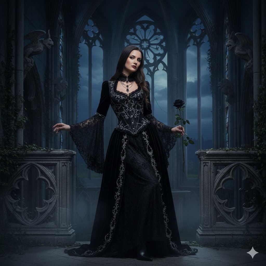 Woman in a black lace gown inside a gothic stone chapel