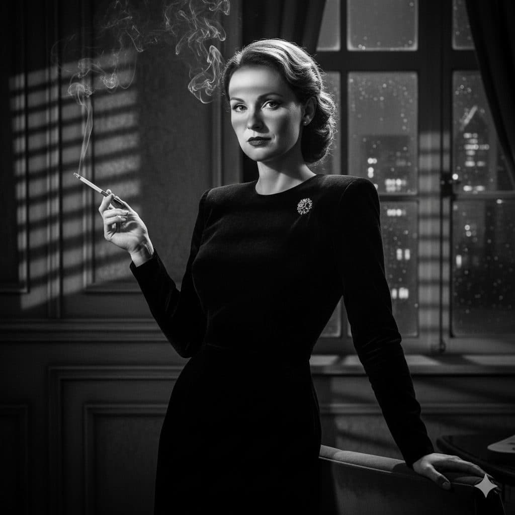 Black-and-white film noir portrait of a woman by a window at night