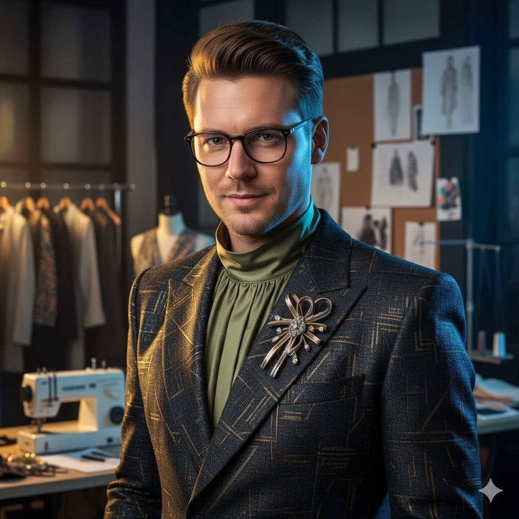 Man in glasses and a brocade jacket in a studio with sketches on the wall