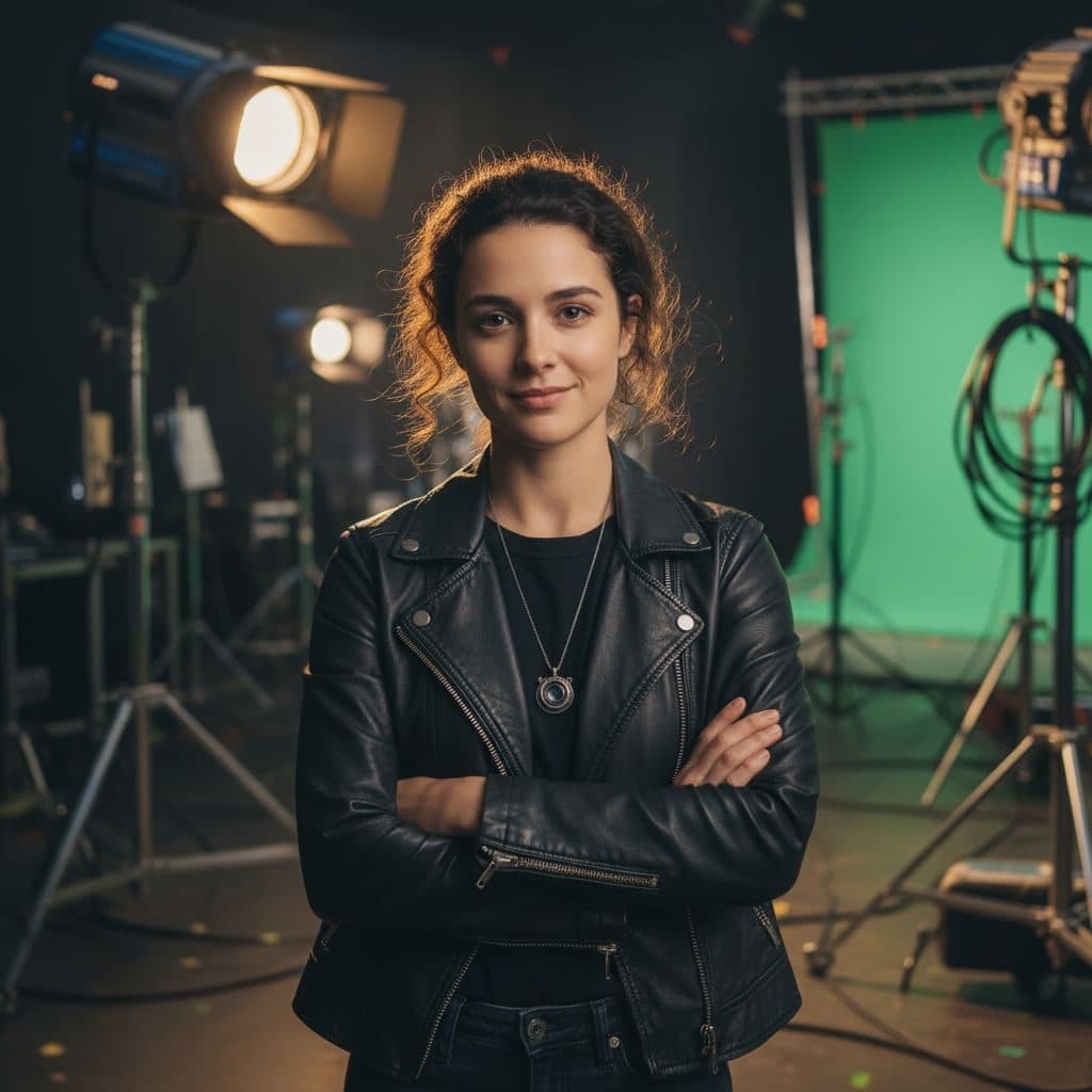 Woman in a leather jacket on a film set with studio lights and a green screen