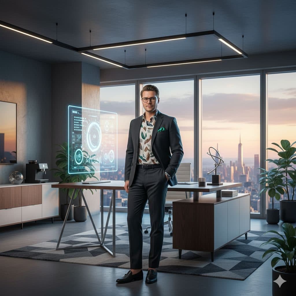 Man in a patterned jacket in a penthouse office overlooking a city at sunset