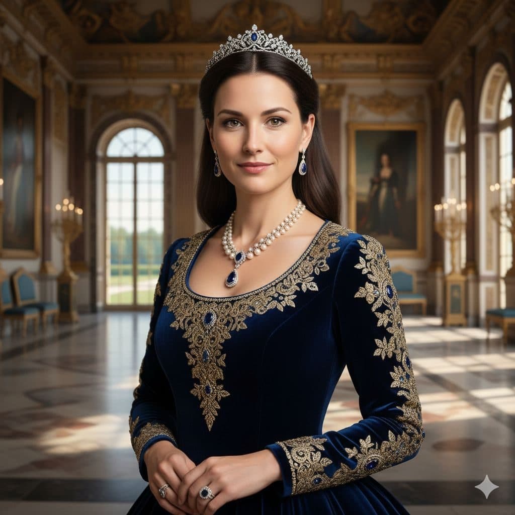 Woman wearing a tiara and an embroidered velvet gown in a palace hall