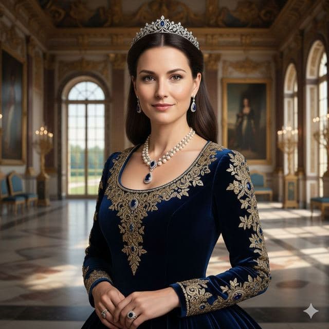 Woman wearing a tiara and an embroidered velvet gown in a palace hall