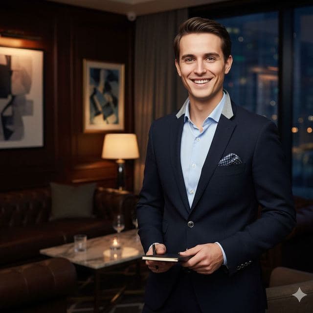 Smiling man in a navy blazer in a private lounge