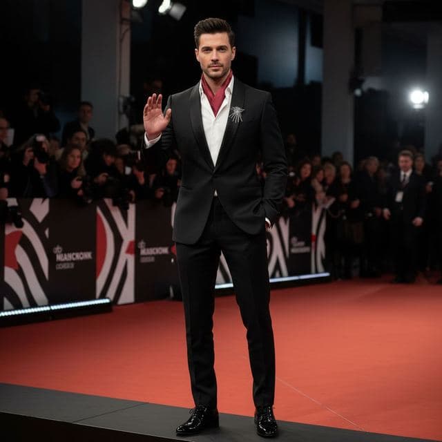 Man in a black suit waving on a red carpet at night