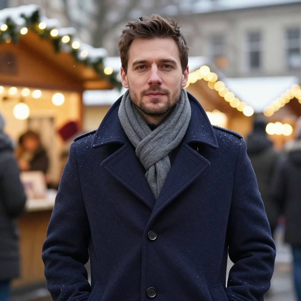 Man in a navy peacoat and gray scarf at a snowy evening Christmas market