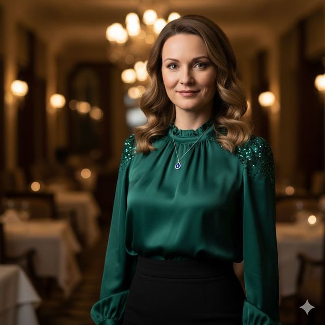 Woman in an emerald satin blouse in a candlelit restaurant
